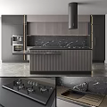 Modern Kitchen Interior With Gray Cabinets Marble Countertops Island And Range Hood