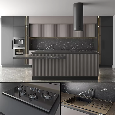Modern Kitchen Interior With Gray Cabinets Marble Countertops Island And Range Hood 3d model