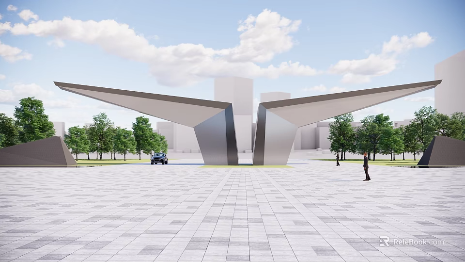 Modern Entrance Gate With Wing Shaped Metal Structure In Urban Square With Trees And Buildings 3d model 
