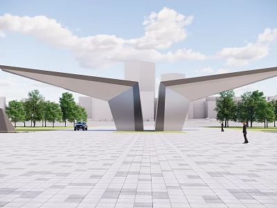 Modern Entrance Gate With Wing Shaped Metal Structure In Urban Square With Trees And Buildings 3d model