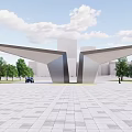 Modern Entrance Gate With Wing Shaped Metal Structure In Urban Square With Trees And Buildings