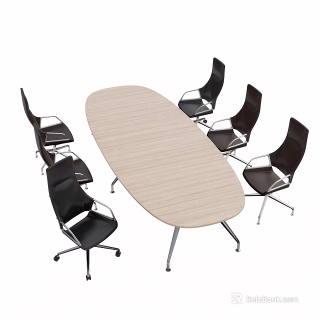 Oval Wooden Conference Table With Light Wood Top And Six Black Office Chairs 3d model 