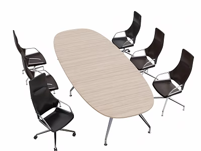 Oval Wooden Conference Table With Light Wood Top And Six Black Office Chairs 3d model