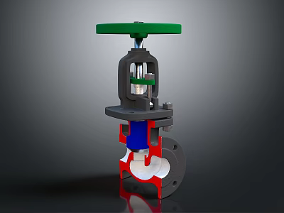 Industrial Valve With Green Handwheel Black Body Blue Red Components And Flange Connection 3d model