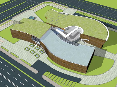 Modern Museum Building with Green Roof Curved Structure and Landscaped Areas 3d model