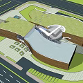 Modern Museum Building with Green Roof Curved Structure and Landscaped Areas