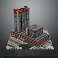 Modern High Rise And Low Rise Building Complex With Red Gray Exterior And Glass Curtain Walls