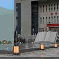 Scenic Square Landscape With Central Fountain Pool Red Flags On Flagpoles And Paved Ground