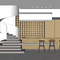 Modern Reception Area with Spiral Staircase Bar Counter and Grid Panel Design Elements 3d model
