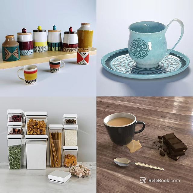 Modern Kitchenware Essentials Including Spice Jars Storage Containers Ceramic Cup And Tray 3d model