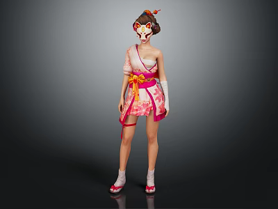 Female Character in Traditional Pink White Kimono Costume With Mask Headdress Yellow Belt Red Decorations 3d model
