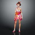 Female Character in Traditional Pink White Kimono Costume With Mask Headdress Yellow Belt Red Decorations