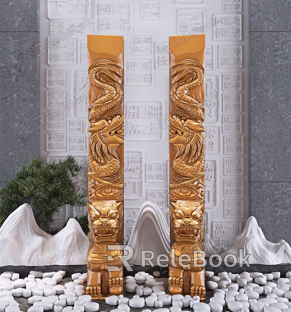 Chinese Pillar Lion Dragon Pillar Stone Sculpture Ornaments model