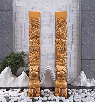 Chinese Pillar Lion Dragon Pillar Stone Sculpture Ornaments 3d model