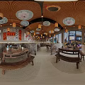Chinese Restaurant Interior With Ceiling Umbrellas Lanterns Wooden Tables And Chairs