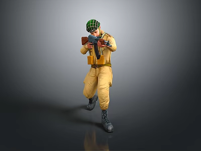 A Man In Yellow Tactical Outfit With Green Helmet Holding Rifle In Action Stance 3d model
