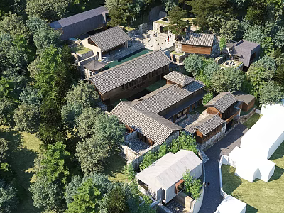 Traditional Modern Guesthouse Architecture with Sloped Wooden Roofs and Lush Green Surroundings 3d model