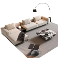Modern Beige Sectional Sofa and Coffee Table Set with Wooden Top Floor Lamp Accent Chair and Rug