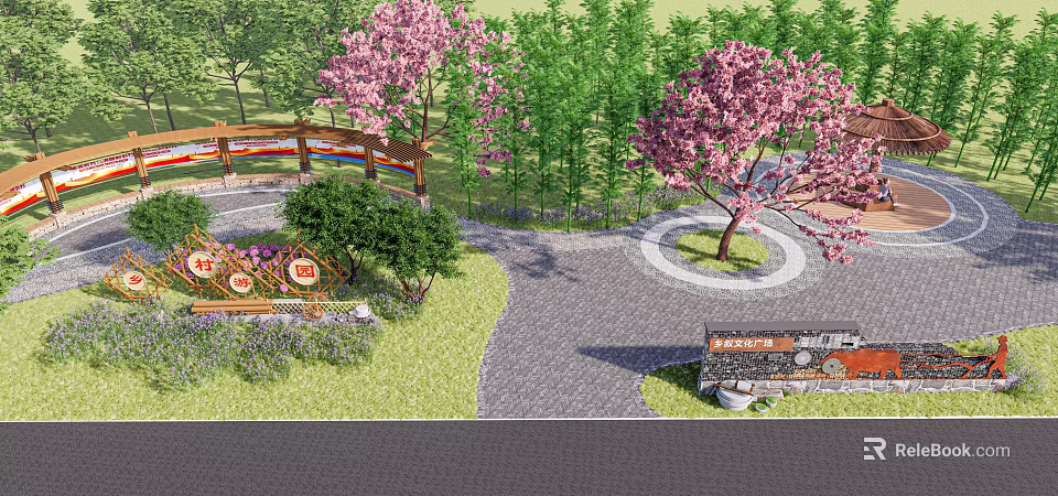 Rural Landscape with Cherry Blossom Trees Bamboo Grove Stone Path and Wooden Pavilion 3d model 