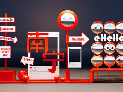 Art Installation Featuring Red Design Elements Arrow Signs Hello Lettered Spheres And Happy Sign 3d model