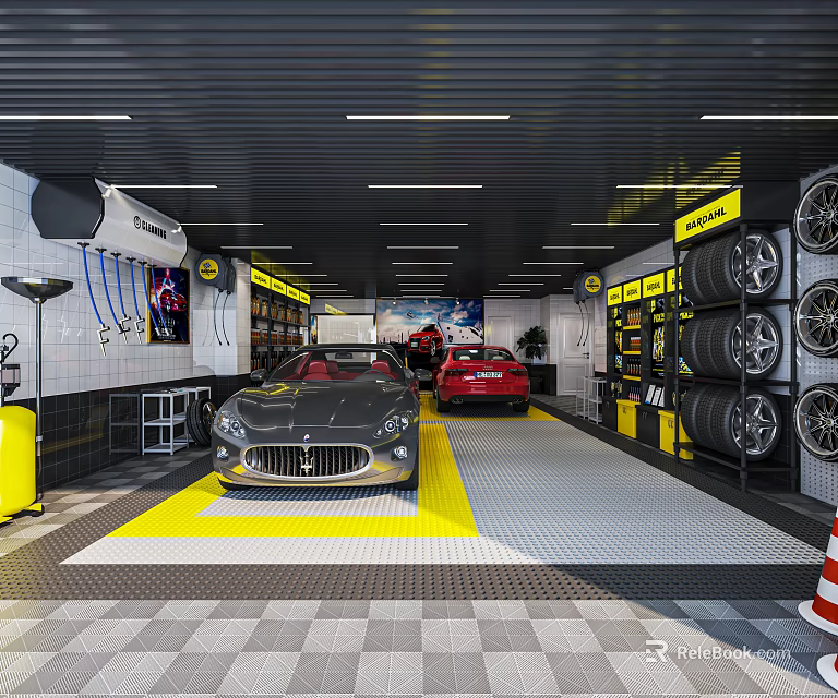 4S Auto Shop Interior Featuring Cars In Yellow Marked Area And Tire Racks 3d model 