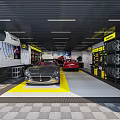 4S Auto Shop Interior Featuring Cars In Yellow Marked Area And Tire Racks