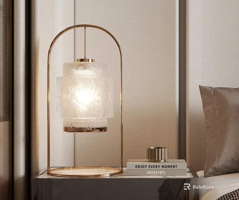 Illuminated Table Lamp With Gold Frame And White Textured Lampshade On Modern Bedroom Bedside Table 3d model 