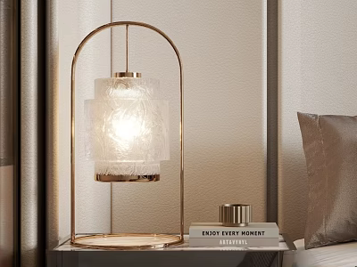 Illuminated Table Lamp With Gold Frame And White Textured Lampshade On Modern Bedroom Bedside Table 3d model