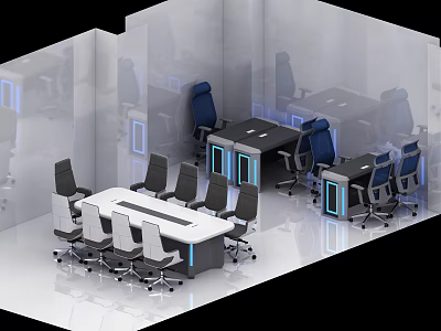 Modern Office Interior With Conference Tables Chairs And Tech Inspired Lighting 3d model
