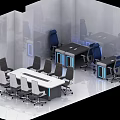 Modern Office Interior With Conference Tables Chairs And Tech Inspired Lighting