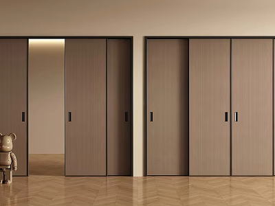 Modern Sliding Doors With Light Brown Wooden Finish And Black Frames In Interior 3d model