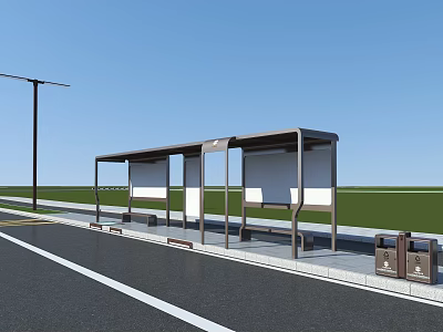 Modern Bus Stop with Shelter Benches Billboards Lamp Trash Bins Under Blue Sky Green Grass 3d model