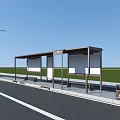 Modern Bus Stop with Shelter Benches Billboards Lamp Trash Bins Under Blue Sky Green Grass