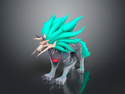 Mythical Wolf Character With Spiky Teal Mane Horns And Red Eyes Design 3d model