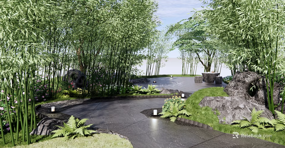 Rockery Stones In Serene Garden With Bamboo Trees Pathway Green Plants And Lanterns 3d model 