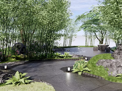 Rockery Stones In Serene Garden With Bamboo Trees Pathway Green Plants And Lanterns 3d model