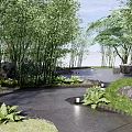 Rockery Stones In Serene Garden With Bamboo Trees Pathway Green Plants And Lanterns