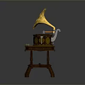 Vintage Gramophone with Ornate Wooden Stand and Decorative Golden Horn