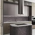Modern Kitchen Interior With Wooden Cabinets Marble Island And Marble Countertop Range Hood