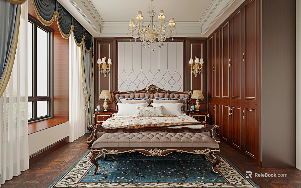 Luxurious Classic Bedroom Interior With Ornate Bed Decorative Wall Paneling Wooden Wardrobes And Chandelier 3d model 