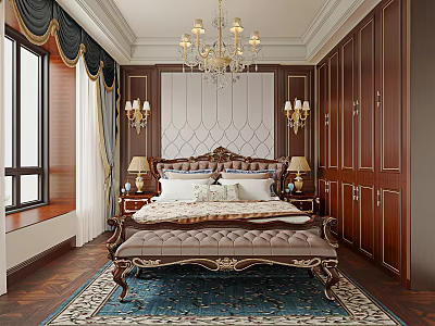 Luxurious Classic Bedroom Interior With Ornate Bed Decorative Wall Paneling Wooden Wardrobes And Chandelier 3d model