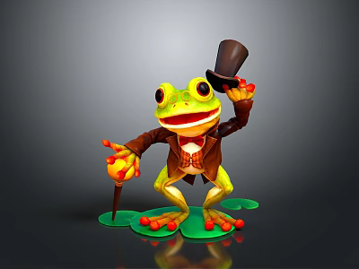 Frog Character In Top Hat And Brown Coat With Cane On Green Lily Pad 3d model