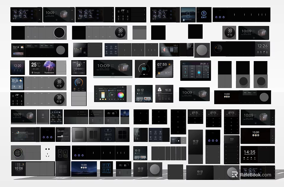 Various Modern Smart Switch Panels With Sleek Black And Gray Designs And Digital Displays 3d model 
