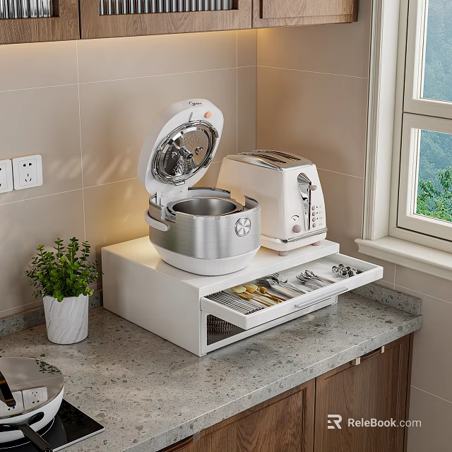 White Kitchen Countertop Storage Cabinet With Rice Cooker Toaster Open Drawer Utensils And Potted Plant 3d model 