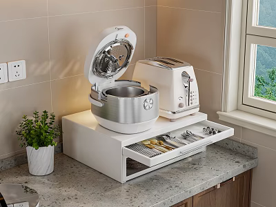 White Kitchen Countertop Storage Cabinet With Rice Cooker Toaster Open Drawer Utensils And Potted Plant 3d model
