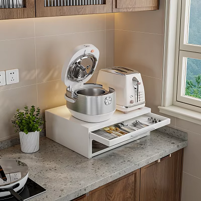 White Kitchen Countertop Storage Cabinet With Rice Cooker Toaster Open Drawer Utensils And Potted Plant 3d model