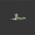 Garden Ornament Lion Sculpture Surrounded by Lush Green Vines and Yellow Flowers