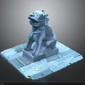 Blue Lion Statue In Sitting Pose With Decorative Collar On Brick Pedestal