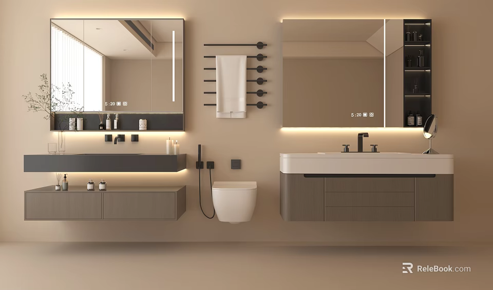 Modern Bathroom Interior Design With Vanity Cabinet Double Sink Mirror And White Toilet 3d model 