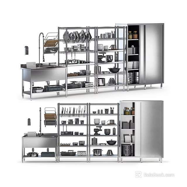 Modern Stainless Steel Kitchen Appliances with Open Shelves Cookware and Dishes Storage 3d model 